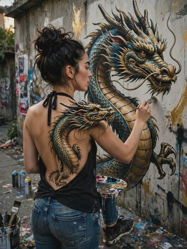 Female street artist with a matching dragon back tattoo paints an ornate East Asian dragon mural ...