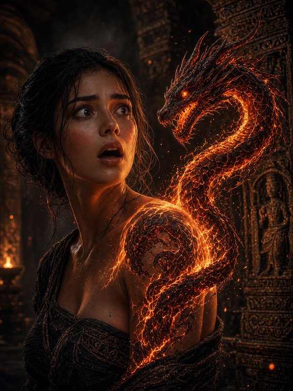 Shocked young woman gazes at a glowing lava fire serpent coiled around her shoulder inside an anc...