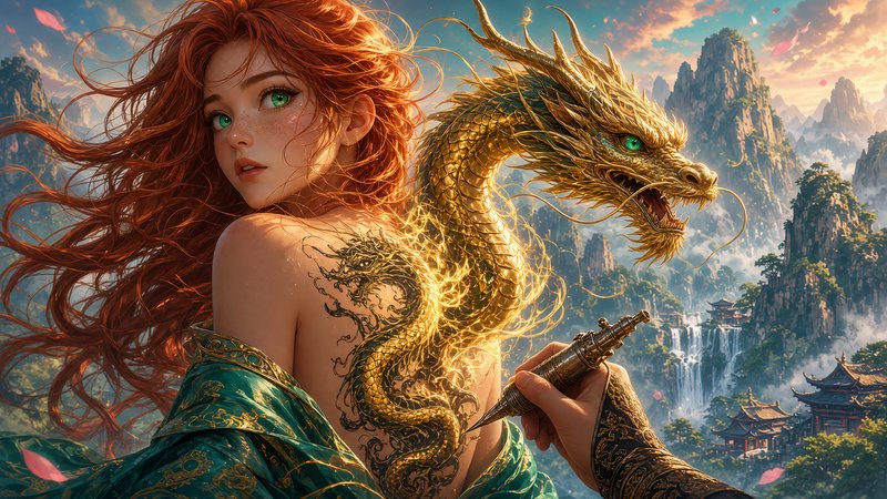 Fantasy scene of red-haired girl as a golden eastern dragon emerges from her glowing back tattoo,...