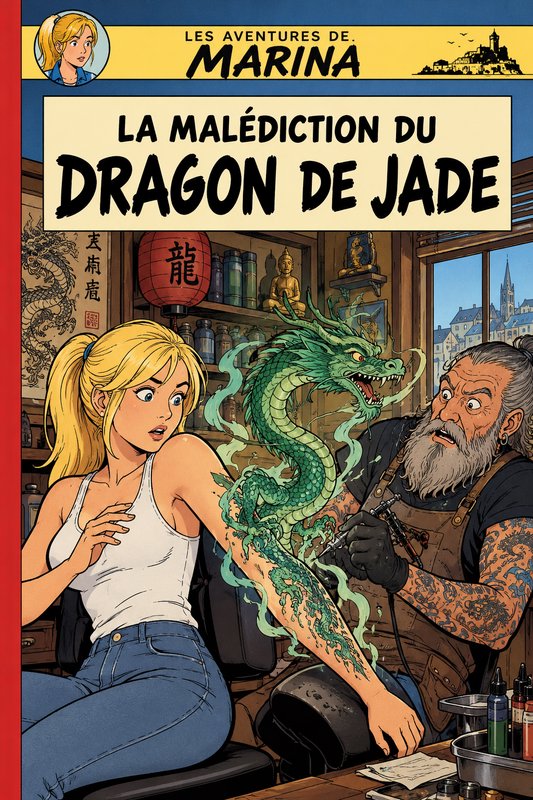 Comic book cover showing a glowing jade dragon magically emerging mid-tattoo, surprising a young ...