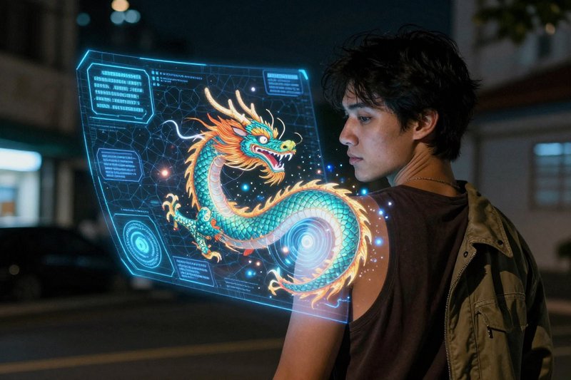 Young man views a glowing floating hologram panel displaying a vibrant turquoise Chinese dragon o...