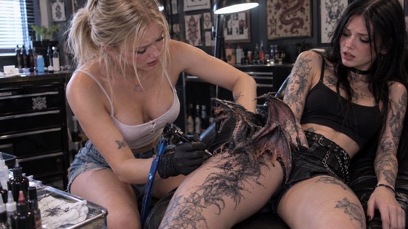 Blonde female tattoo artist tattoos a heavily inked client, with a tiny realistic fantasy dragon ...