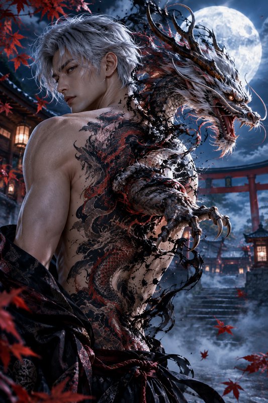 Shirtless silver-haired man with an elaborate dragon back tattoo, mythic eastern dragon emerging ...