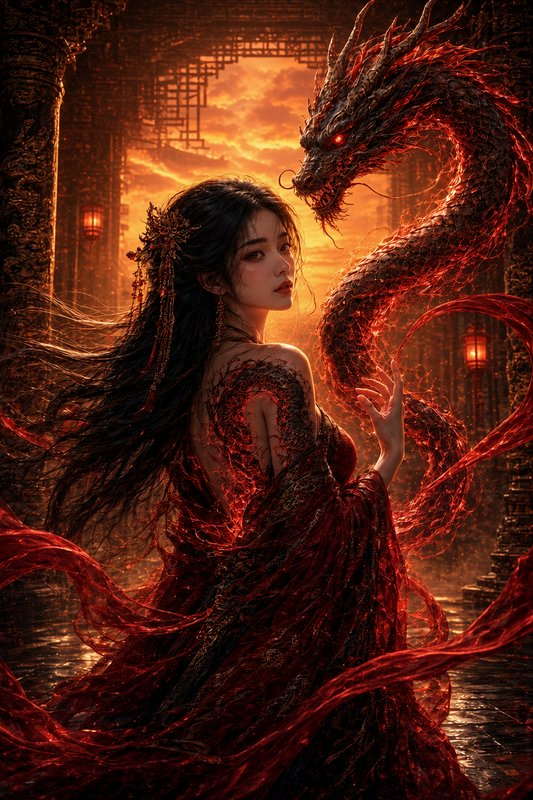 Elegant East Asian fantasy woman in flowing red robe stands beside a glowing fiery eastern dragon...