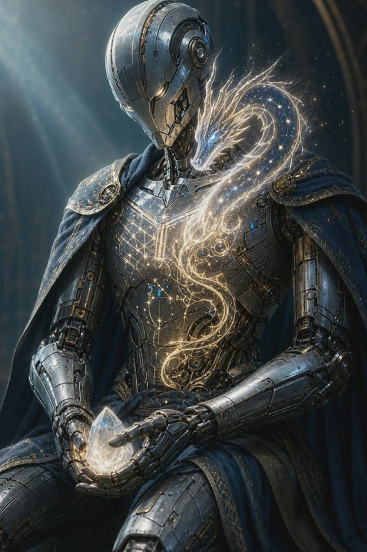 Ornate silver robotic wizard holds a glowing crystal, as an ethereal starry spirit dragon curls f...