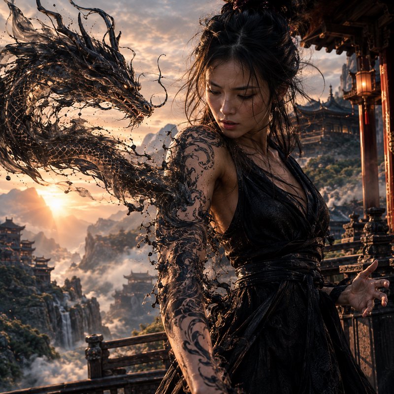 Powerful East Asian female warrior as an ink dragon manifests from her tattooed arm, overlooking ...