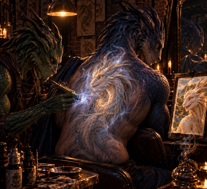 Green lizardfolk tattoo artist inks a glowing white dragon tattoo onto a dark scaled dragonkin cl...