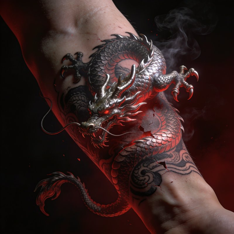 Hyper-realistic 3D silver oriental dragon appears to emerge from a forearm tattoo, glowing red ey...