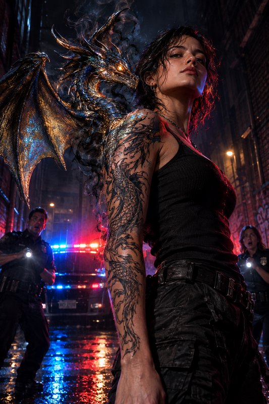 Fierce tattooed woman with a glowing spectral dragon stands in a rainy neon city alley, as surpri...