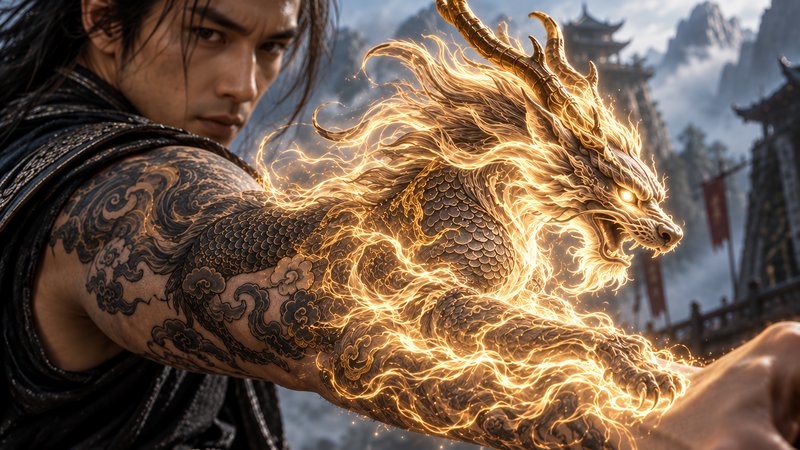 Stoic East Asian warrior, glowing golden celestial dragon manifesting from his arm tattoo, misty ...