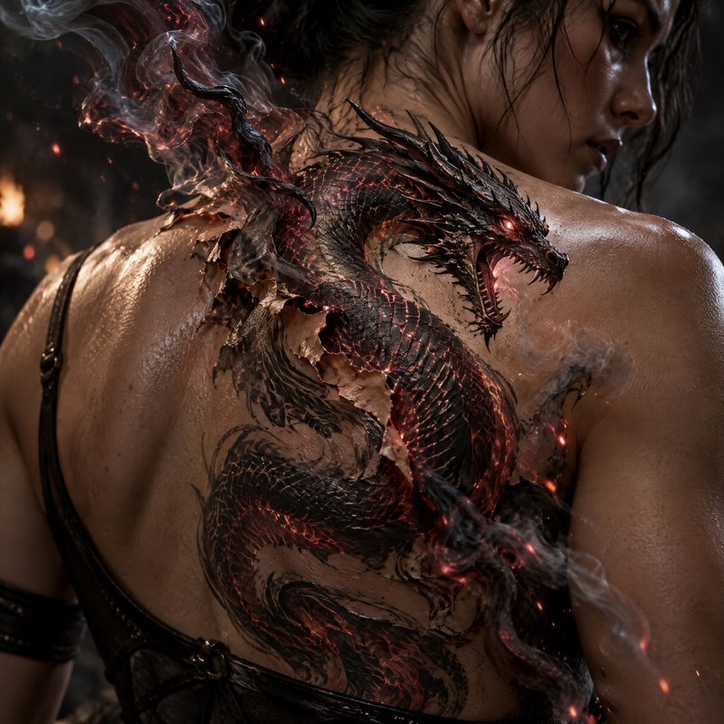 Close-up of a muscular female warrior where a glowing spiked dark dragon erupts from her back tat...