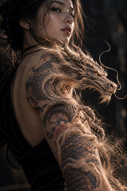 Young East Asian woman with a dragon tattoo that appears to physically emerge from her shoulder i...