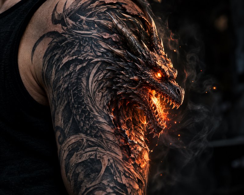Surreal 3D effect of a fire-breathing fantasy dragon appearing to emerge from a black ink shoulde...