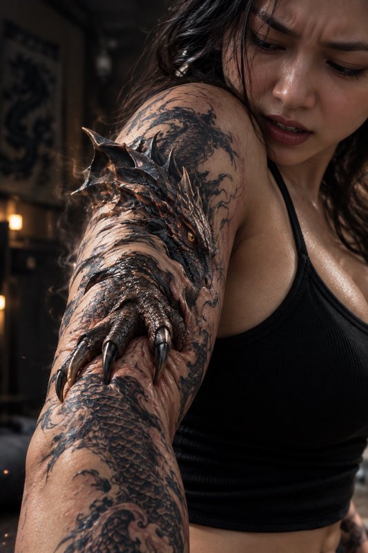 Close up of a concerned woman as her dragon arm tattoo transforms into a tangible horned, clawed ...