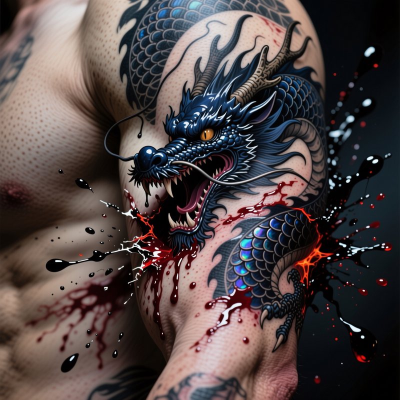 Close-up of an intricate dark blue eastern dragon tattoo on a muscular shoulder, with dramatic re...