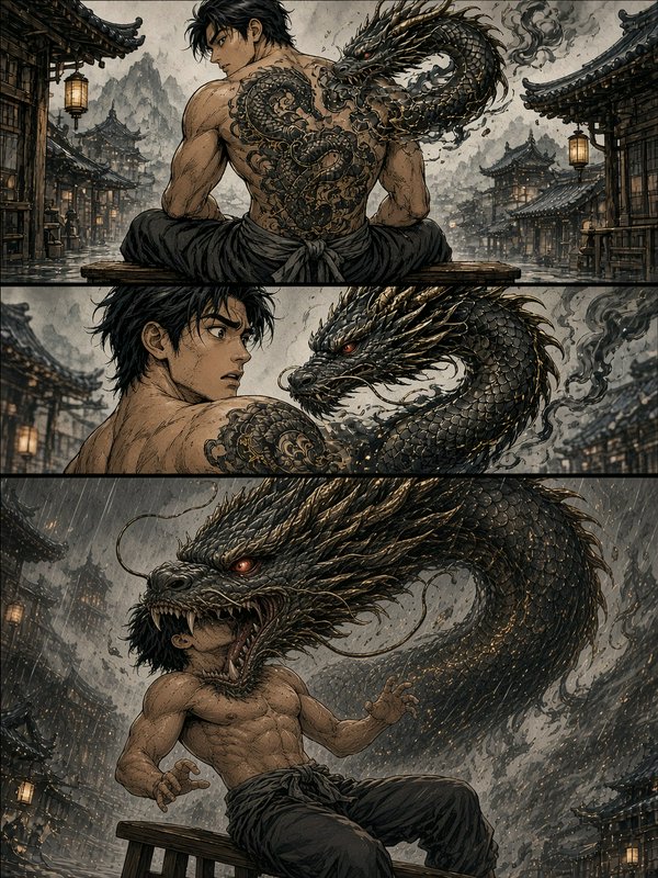 Three panel manga sequence of a muscular man with a dragon back tattoo, showing an eastern dragon...