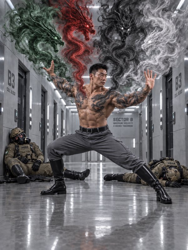 Muscular tattooed martial artist summons swirling smoke dragons while standing in a maximum secur...