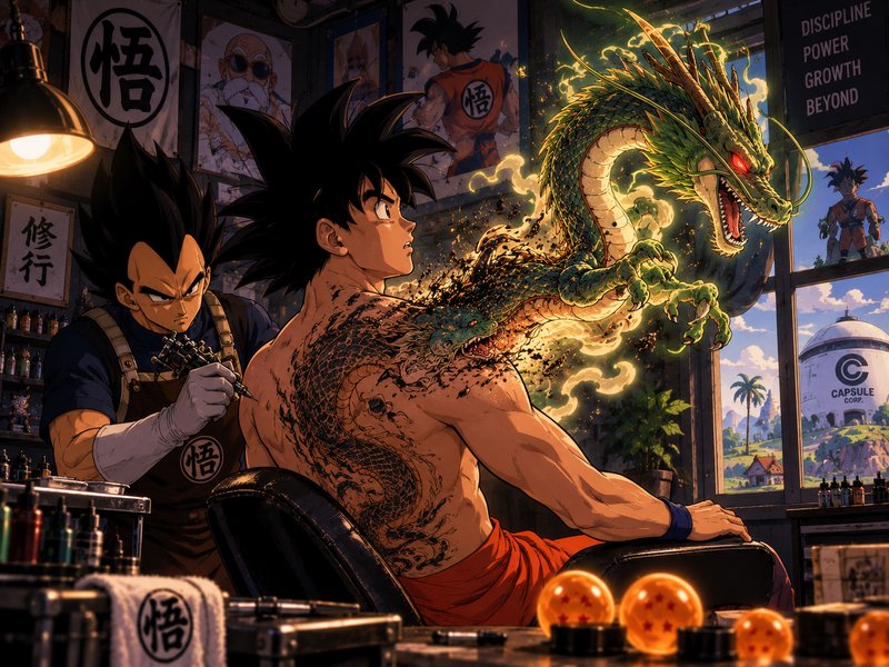 Dragon Ball fan art of Vegeta tattooing Goku as a glowing Shenron dragon emerges from his back in...