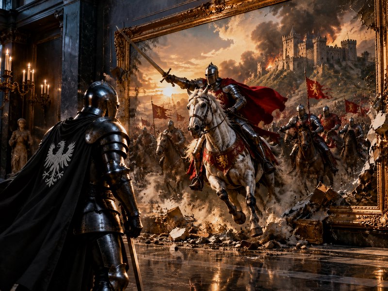 A knight in black plate armor stands watching as a medieval battle erupts through a giant gilded ...