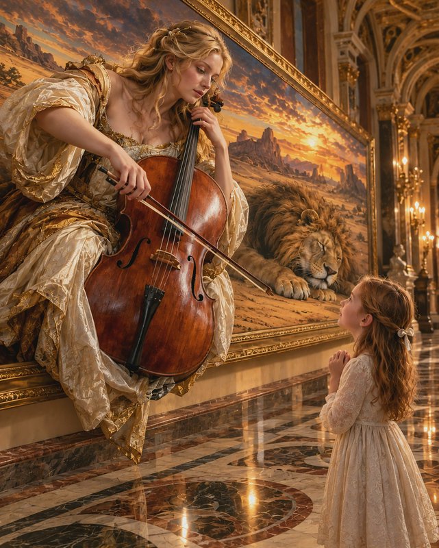 Elegant renaissance woman plays cello for an awestruck young girl beside a desert painting with a...
