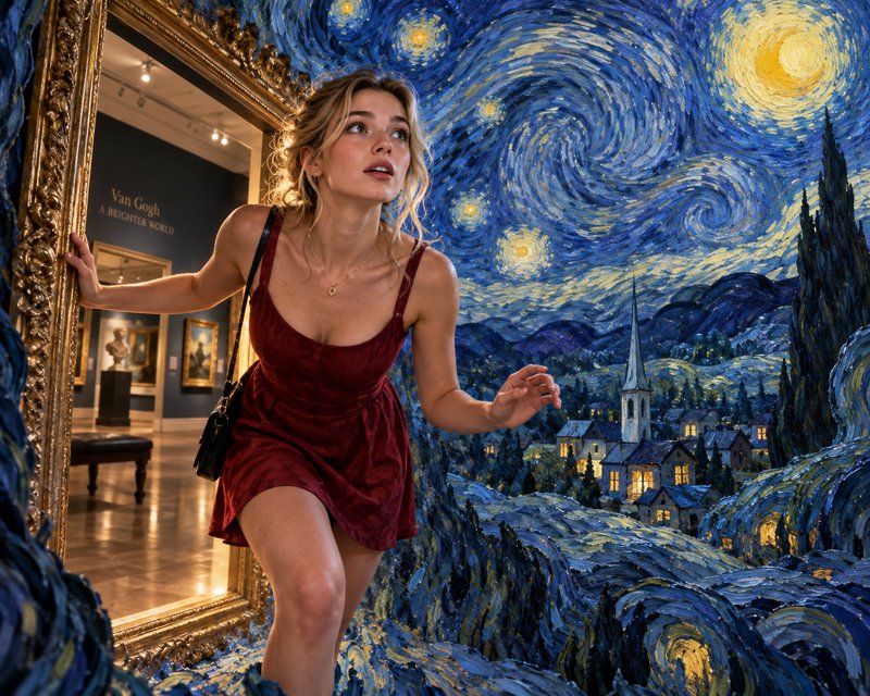 Young woman in red dress steps through gilded museum frame into immersive Van Gogh Starry Night p...