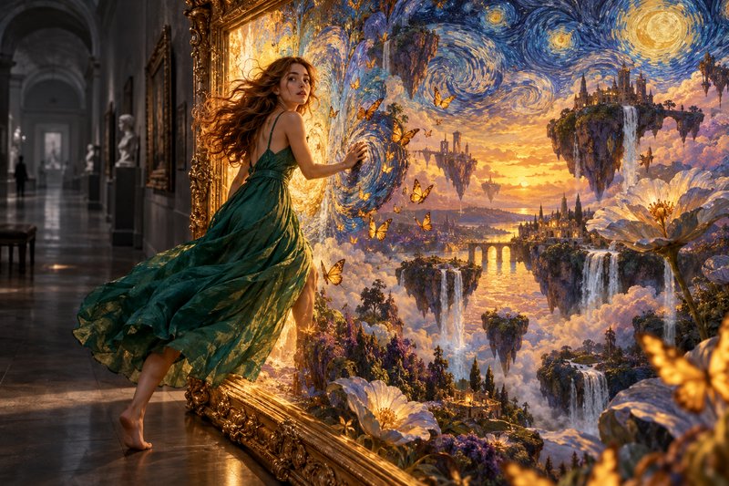 Barefoot woman in flowing emerald dress steps from art gallery through an ornate frame into a swi...
