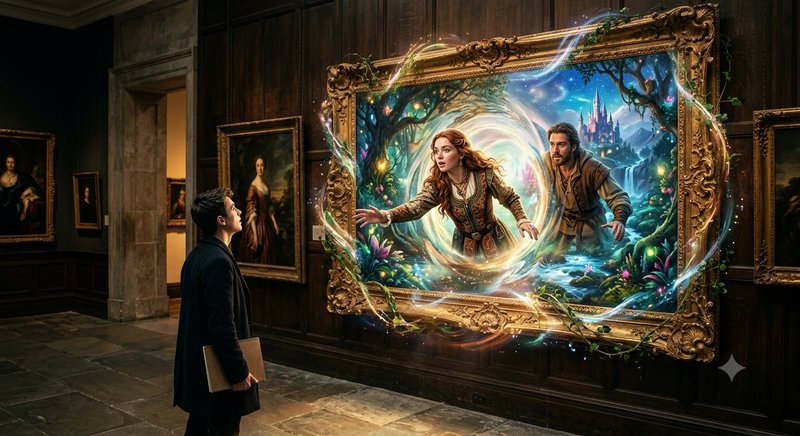Man in an art gallery stares in awe as fantasy characters reach out from a glowing magical ornate...