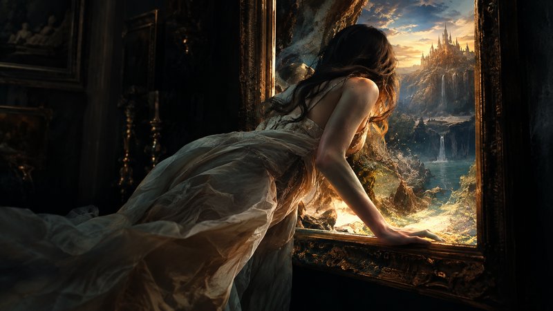 Woman in a sheer flowing gown leans into an ornate framed portal showing a sunlit fantasy castle ...