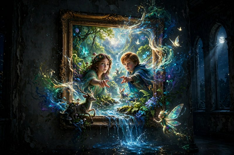 Ornate framed painting comes alive, spilling an enchanted magical forest realm into a dark moonli...
