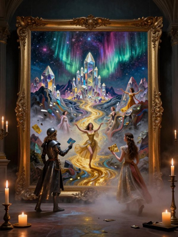 Surreal fantasy scene of a knight and noblewoman stepping through an ornate gilded frame portal i...