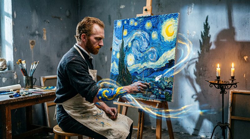 Surreal portrait of Van Gogh painting Starry Night, glowing magical light trails swirl from his p...