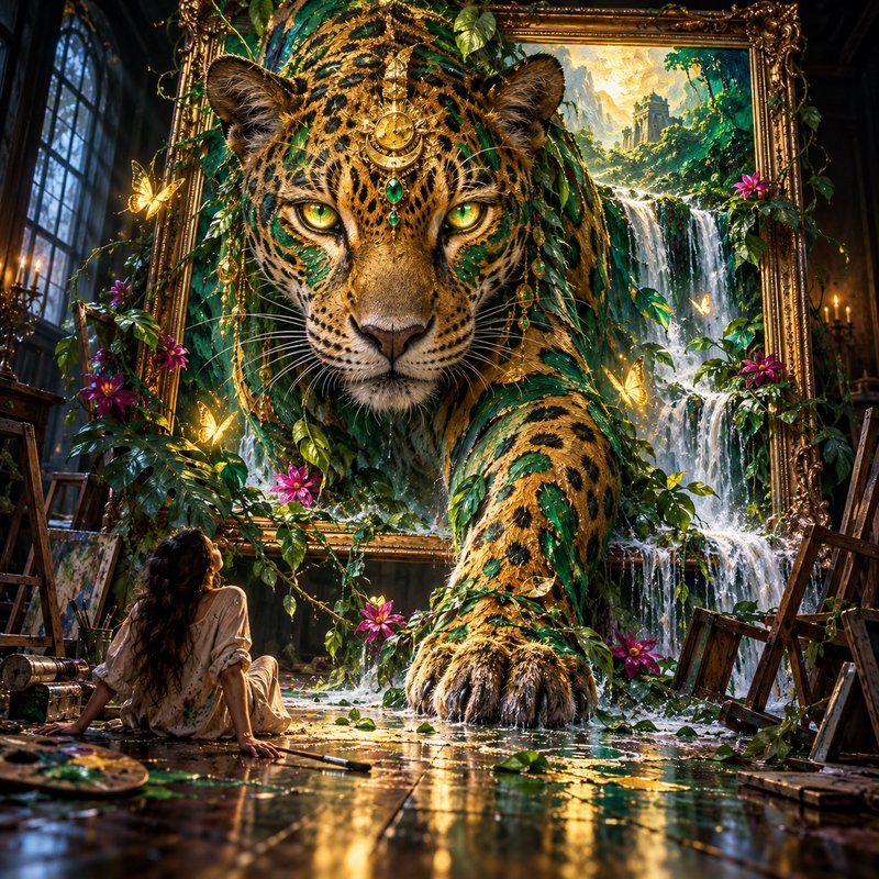 Jeweled magical jaguar emerges from a gilded jungle painting as a female artist watches from a su...