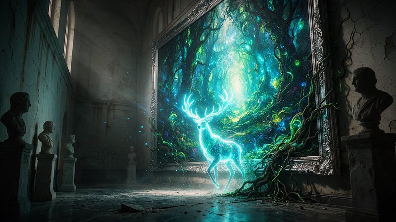 Luminous glowing spirit stag emerges from an ornate enchanted forest portal painting inside a cru...