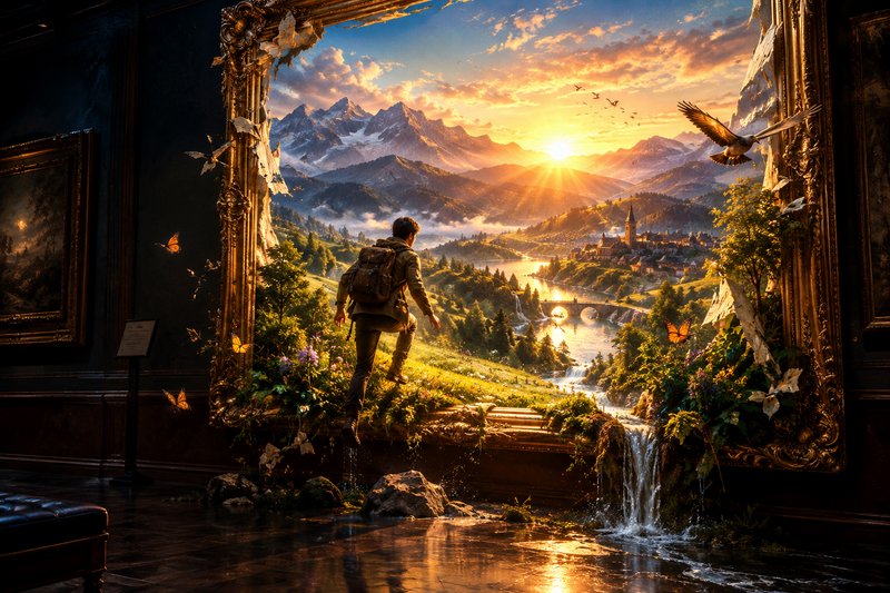 Backpacked explorer steps through a crumbling gilded painting frame into a glowing fantasy alpine...