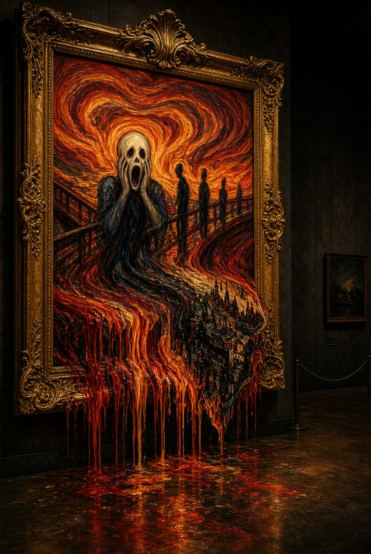 Ornate gilded framed surreal painting of a screaming skeletal figure, with fiery dripping paint p...