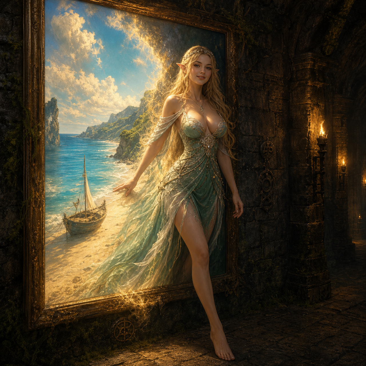 [Graceful blonde elf woman emerging from a glowing gilt framed coastal landscape painting into a torchlit stone castle cor...