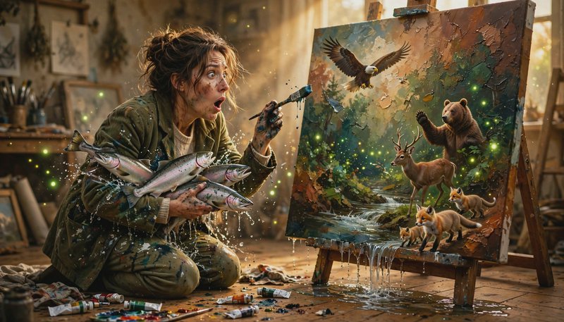 Shocked paint-splattered artist kneels holding live trout as her enchanted forest painting comes ...