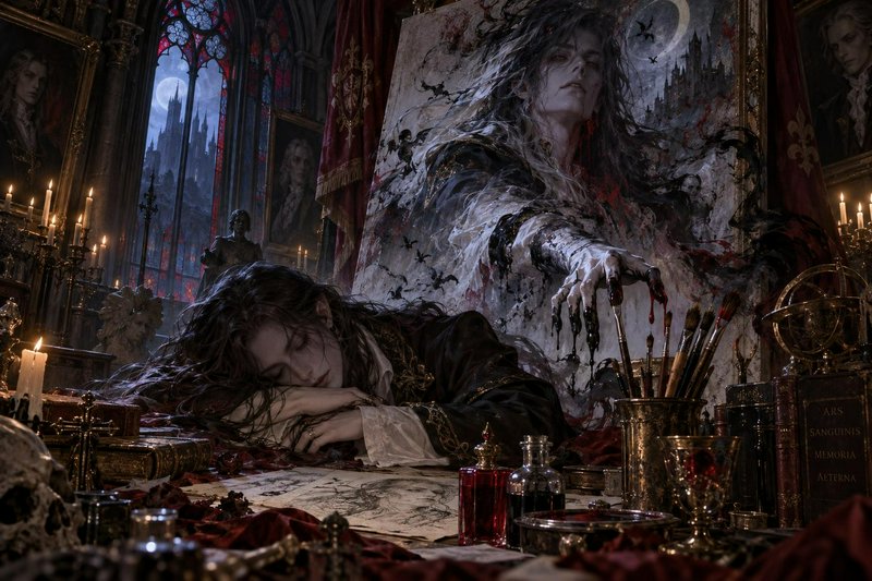 Pale gothic vampire artist asleep at cluttered desk, as his eerie blood-soaked portrait reaches o...
