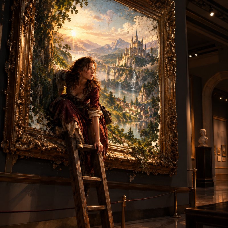 A young woman in a medieval dress climbs out of an ornate framed fairytale castle painting onto a...