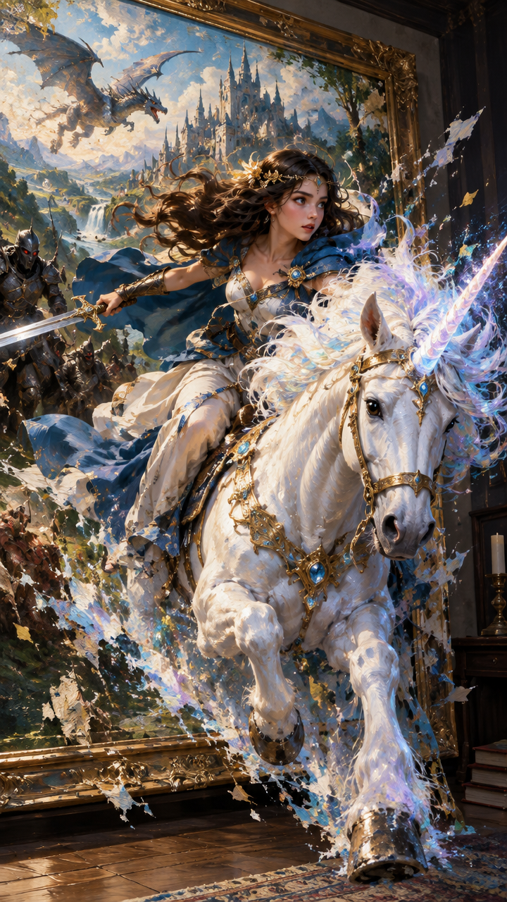 Fantasy warrior princess on a glowing white unicorn bursts dynamically out of an ornate gilded fantasy painting.