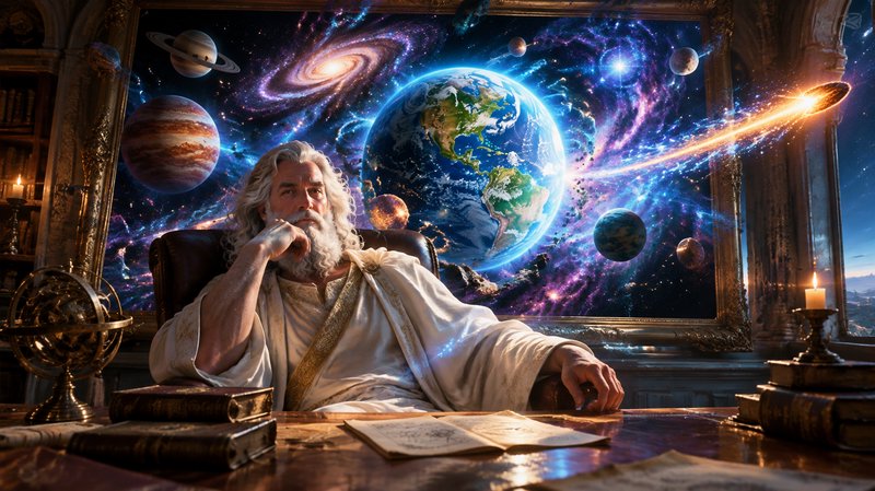 Wise white-haired mythological figure sits thoughtfully at an antique desk, with a vibrant cosmic...