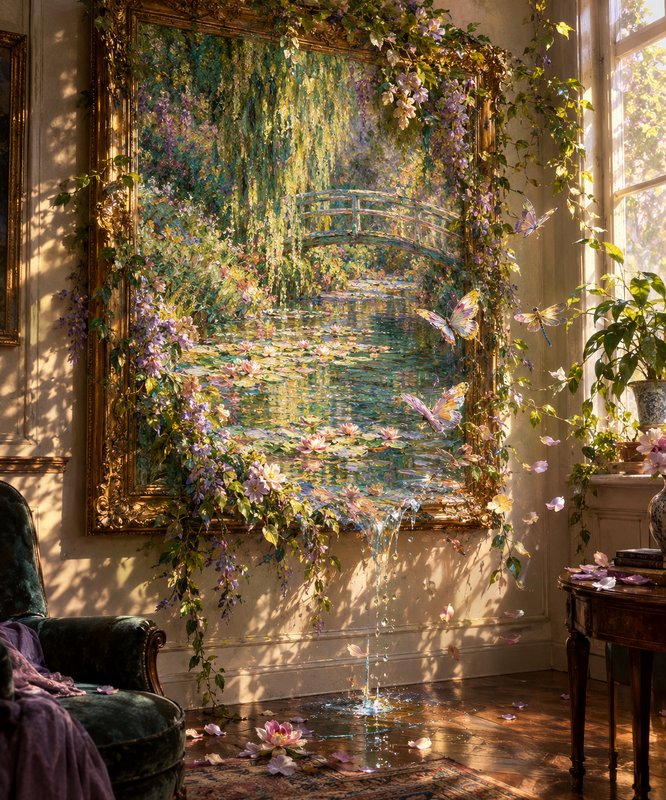 Surreal scene where a Monet-style water lily painting spills water, vines, and butterflies into a...