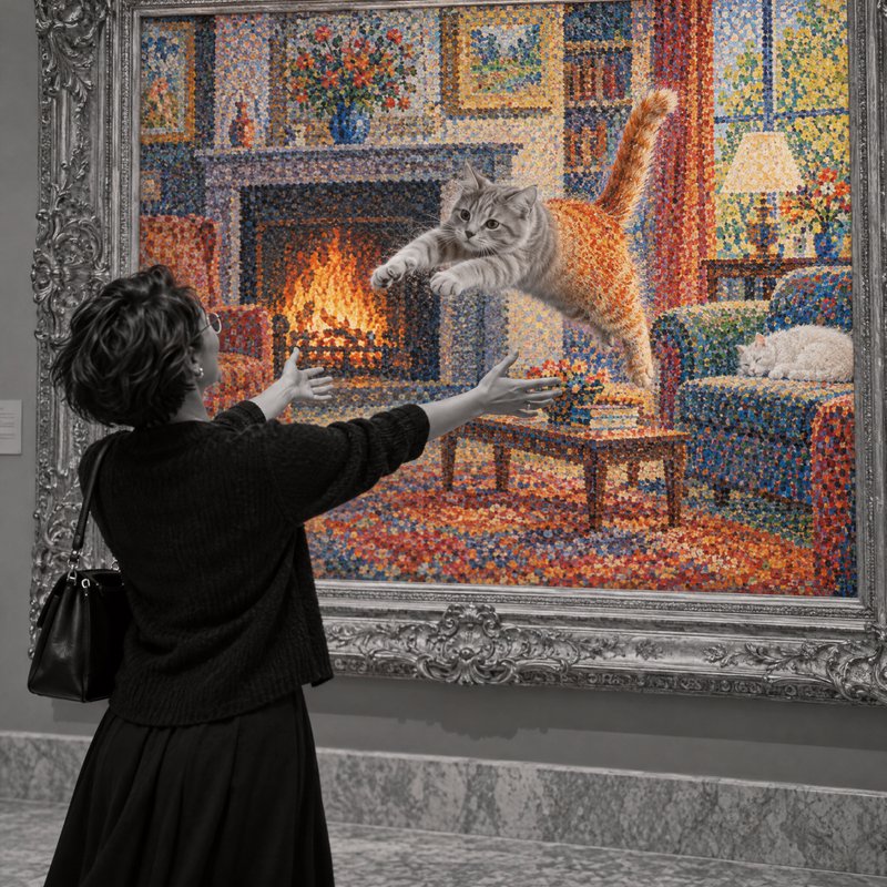 Woman reaches to catch a tabby cat leaping out of a colorful pointillist gallery painting of a co...