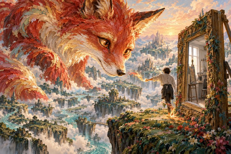 Giant gentle red fantasy fox looms as artist steps from canvas easel portal into floating sky kin...