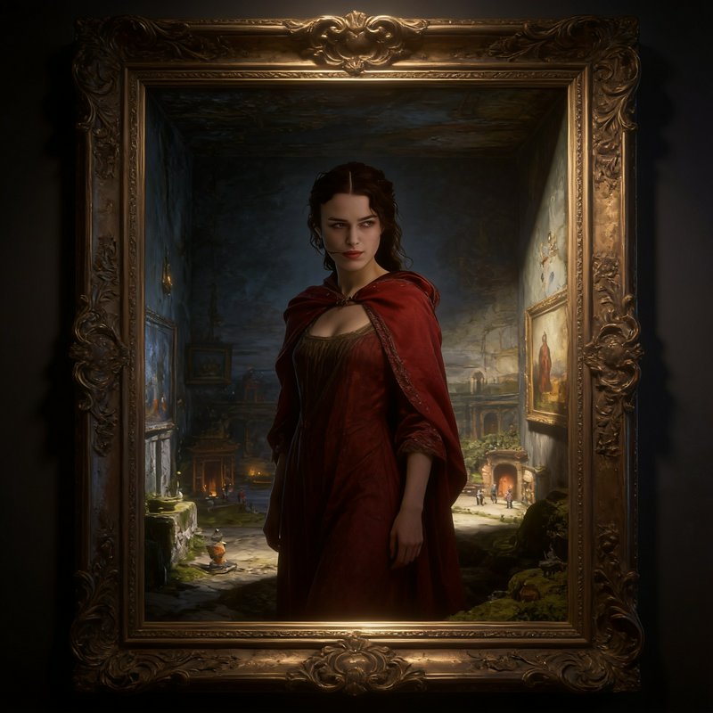 Surreal portrait of a dark-haired woman in a red cloak appearing to step out of an ornate gilded ...