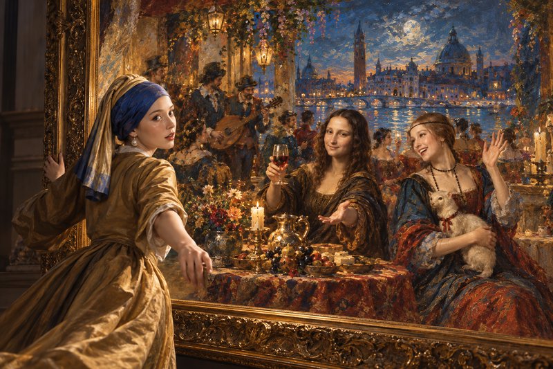 Surreal artwork of Girl with a Pearl Earring stepping through an ornate frame into a moonlit Vene...