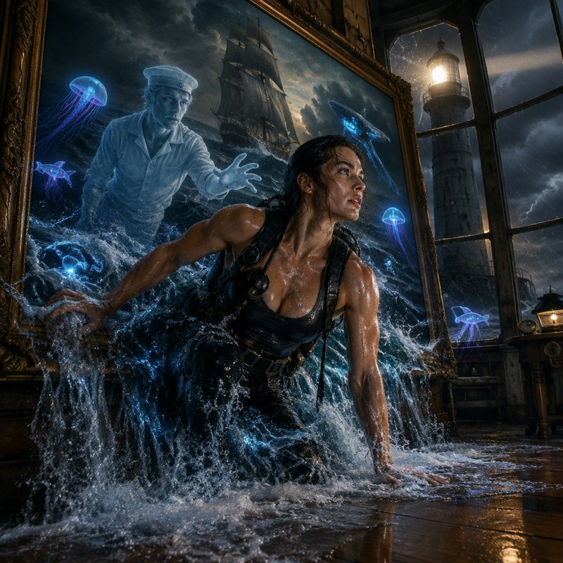 Soaked female mariner climbs from an ornate framed storm sea painting, with a ghost sailor and gl...