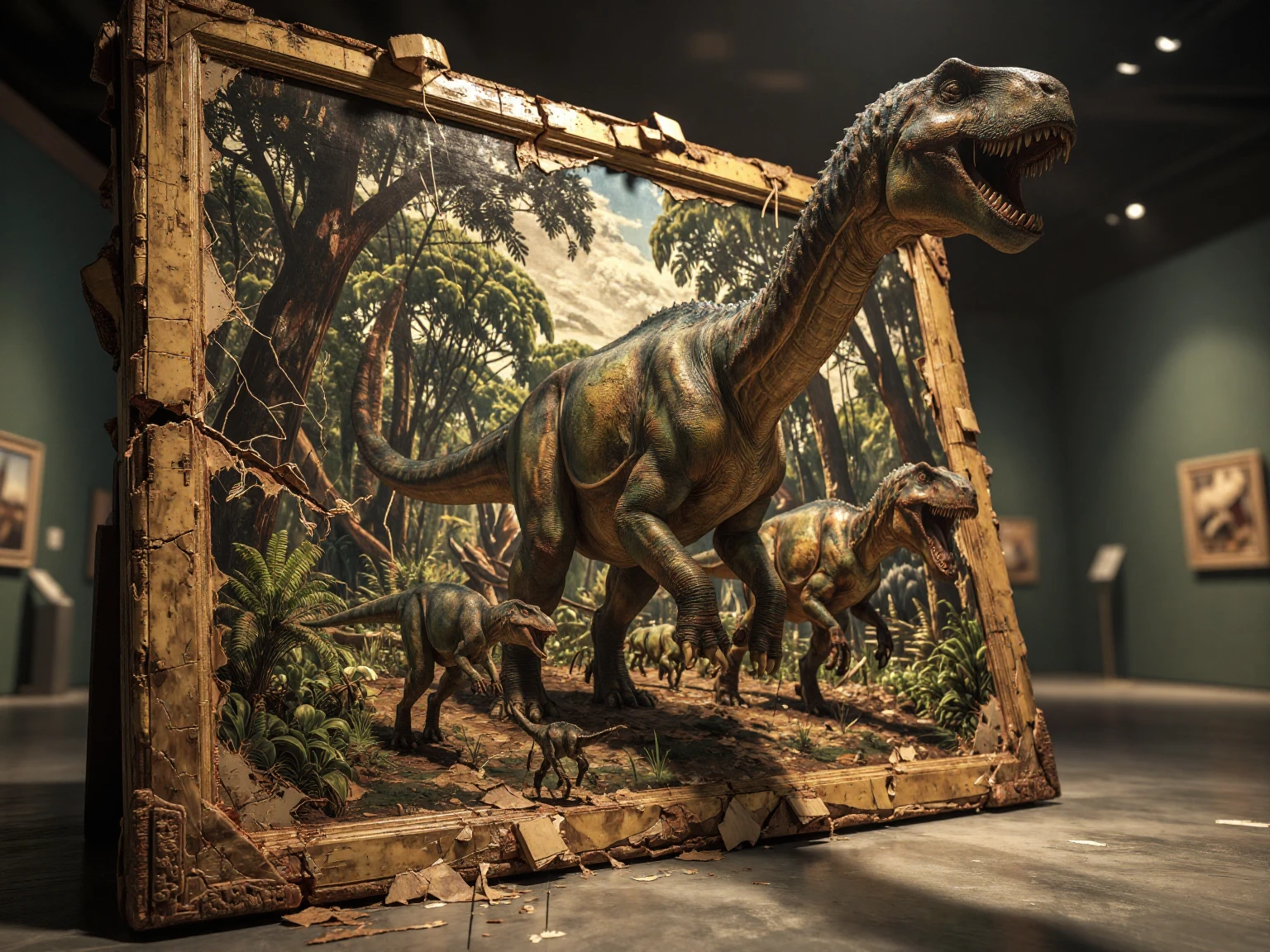 Surreal scene of prehistoric dinosaurs bursting out of a cracked antique painting frame inside a museum gallery.