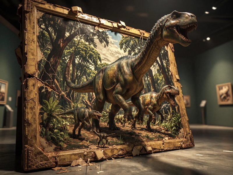 Surreal scene of prehistoric dinosaurs bursting out of a cracked antique painting frame inside a ...