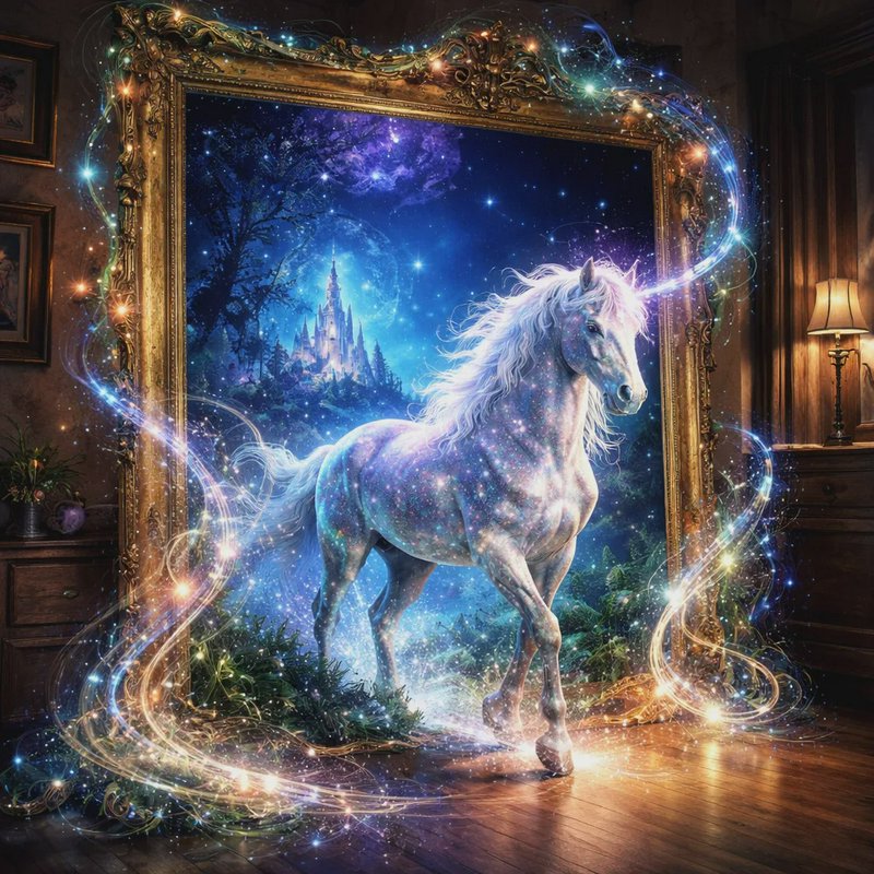 Glowing sparkly white unicorn steps through an ornate gilded magical painting portal into a cozy ...